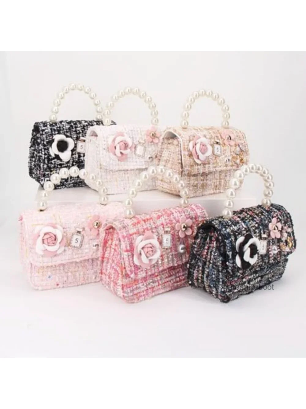 Girls Floral Crossbody Bag Faux Leather Mini Chain Pearl Handle Purse
